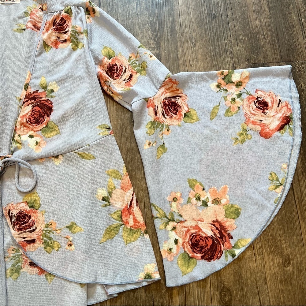 Miley+Molly Floral Blue Peplum Tied up Top Blouse Long Flare Sleeve Summer Y2K S - Picture 10 of 13